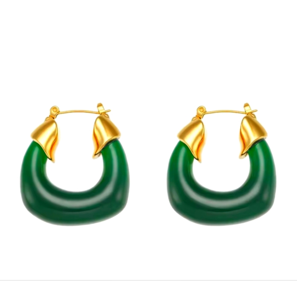 18k Gold Plated Emerald Lucite Hoop Earrings - Picture 5 of 5